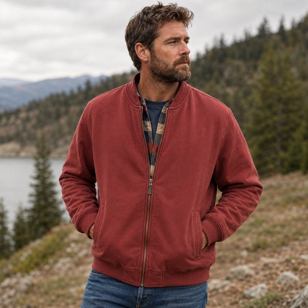 L.L.Bean Men’s XLT Quilted Plaid Lined Bomber Jacket Brick Red Full Zip